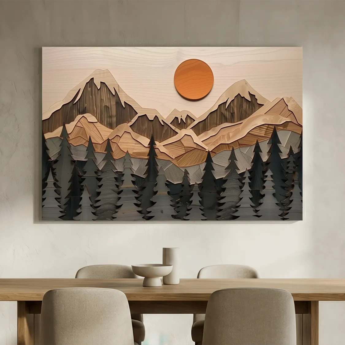 Rustic Geometric Wood Grain Mountain Sunrise - Pine Forest Landscape Wall Art