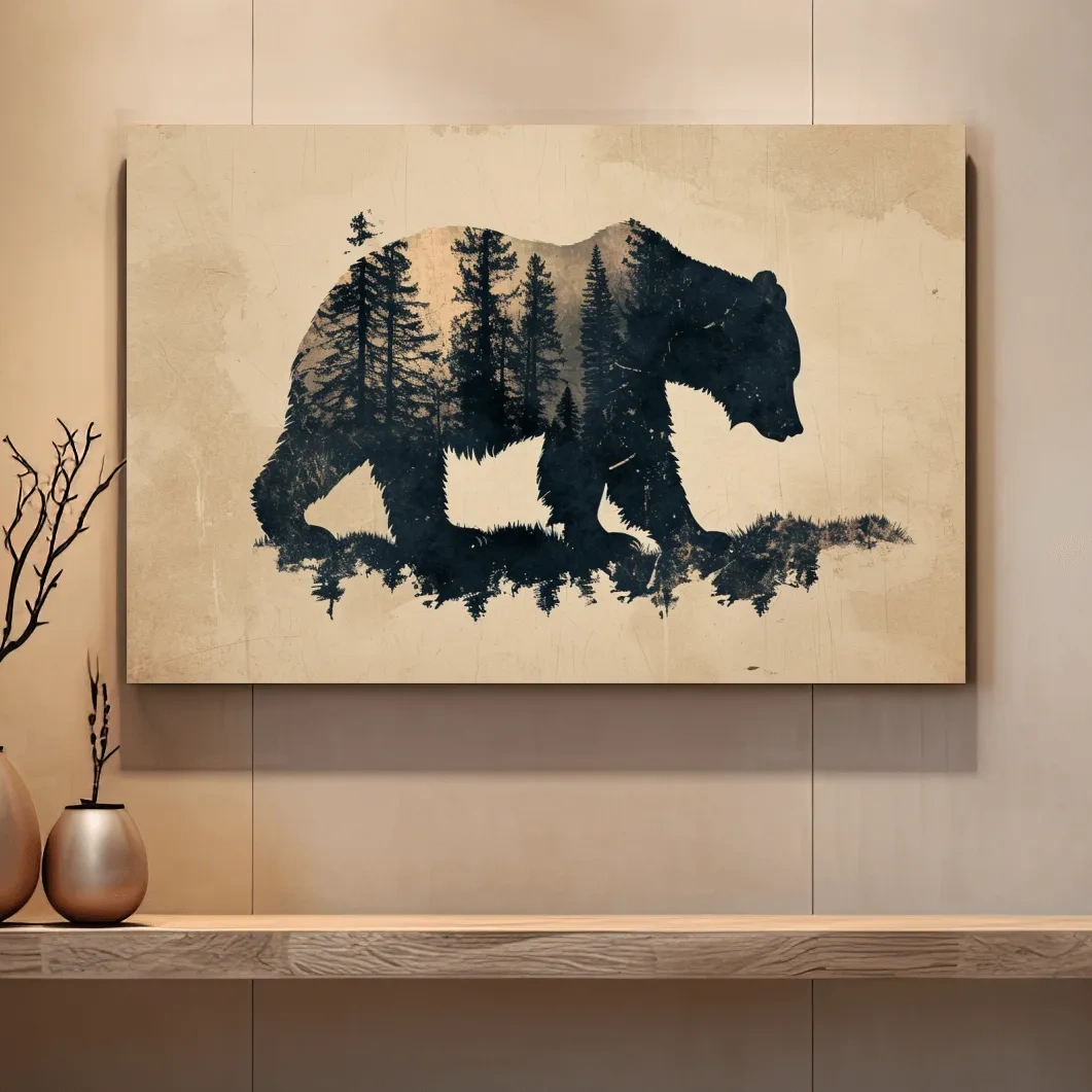 Vintage grizzly bear illustration artwork, double exposure sepia style