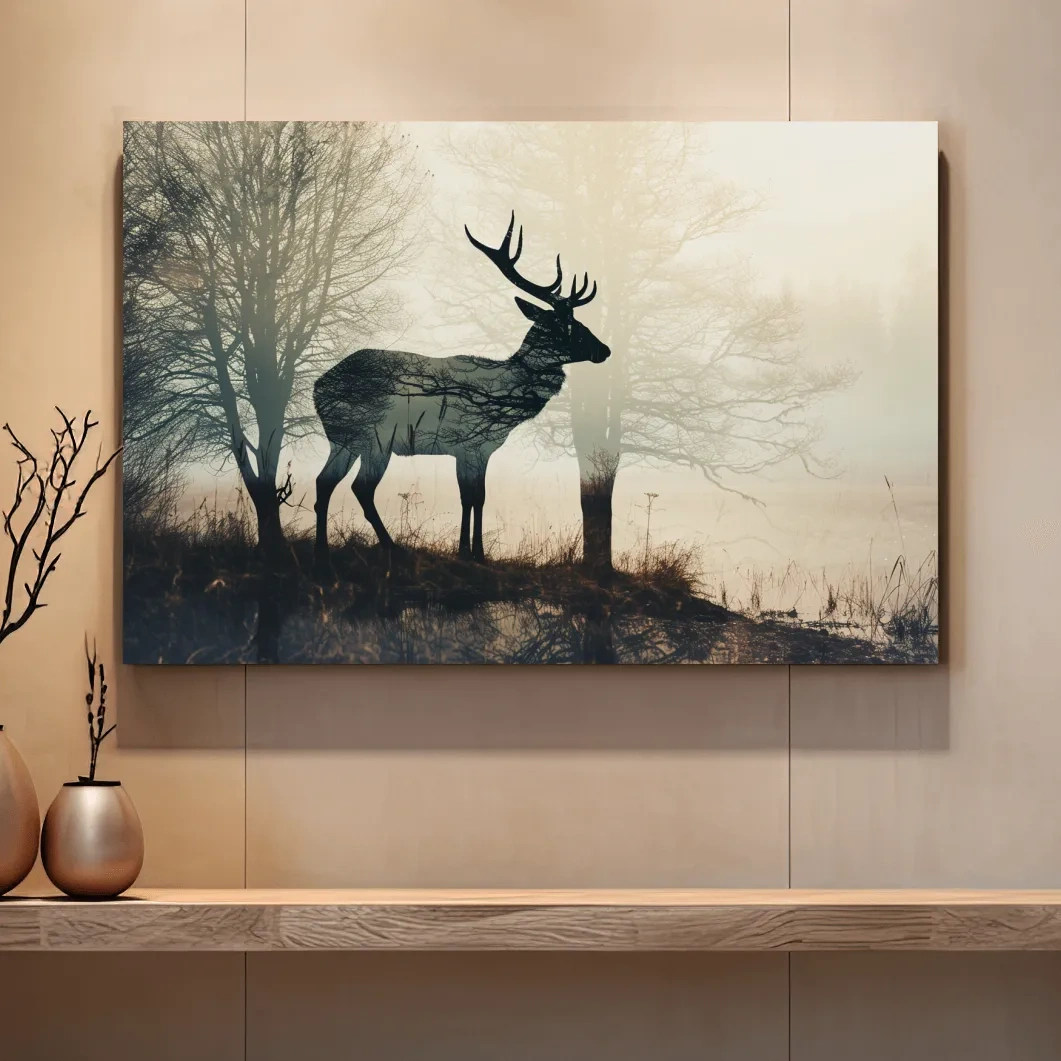 Double exposure photographic artwork of a deer silhouette in the forest