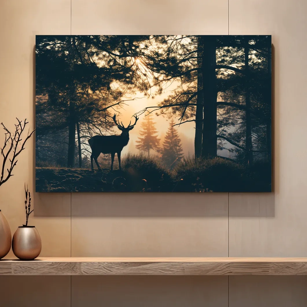 Moody Deer Silhouette In Misty Pine Forest - Golden Sunrise Wildlife Wall Art