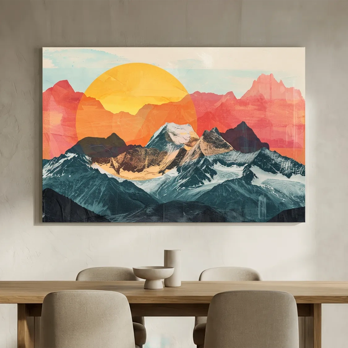 Print collage style abstract mountain artwork