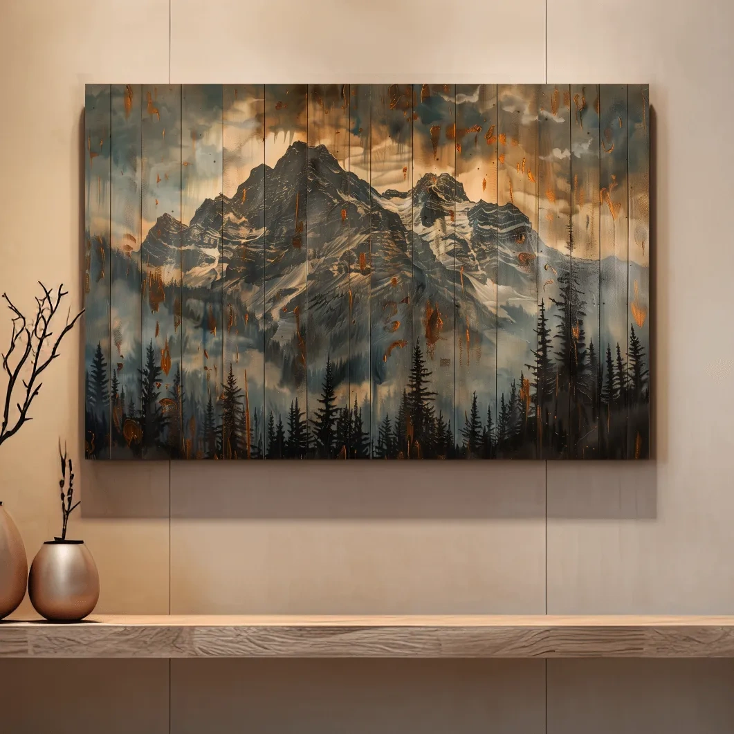 Mountain range wall art, rustic wood panel effect, wood burning style cabin art