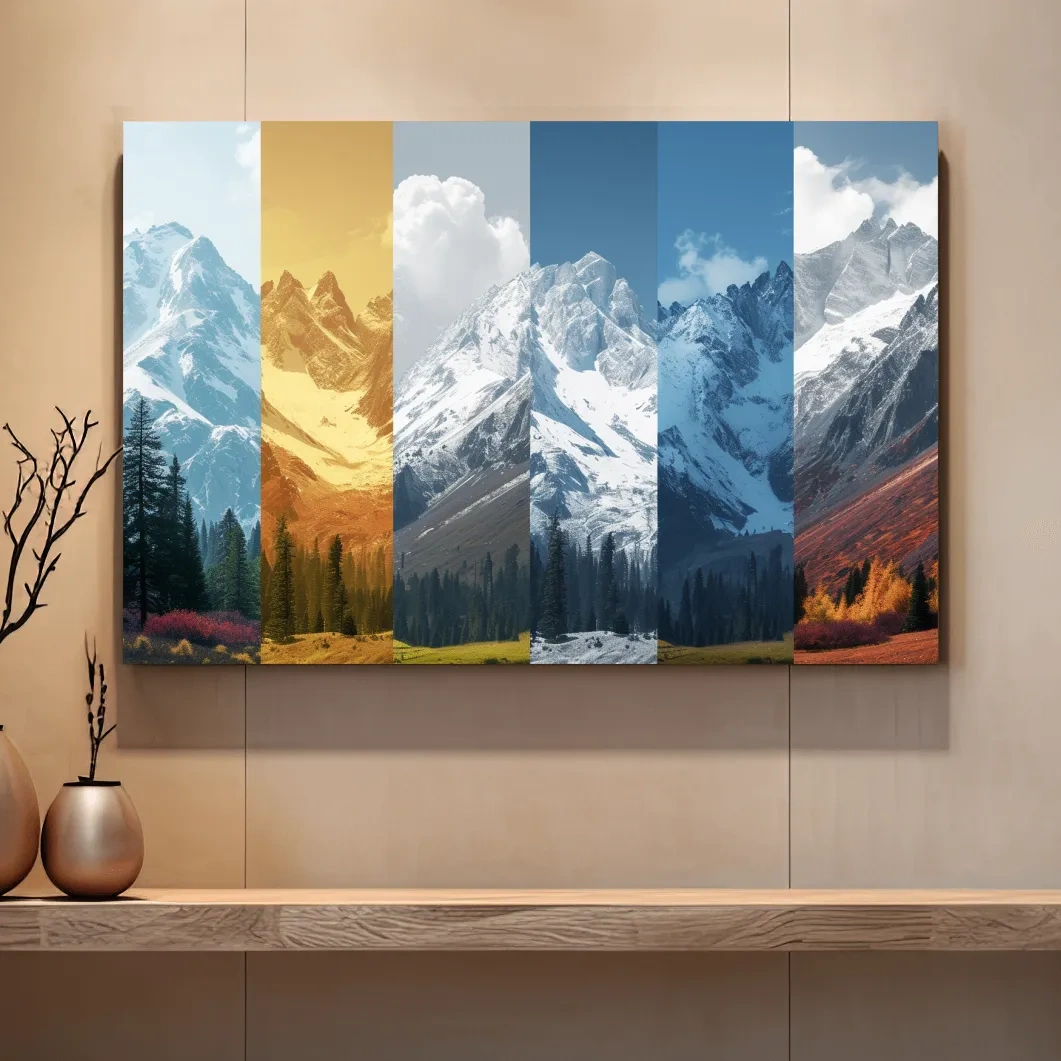 Alpine mountain artwork, forest and glacier, split panel changing of seasons inspired