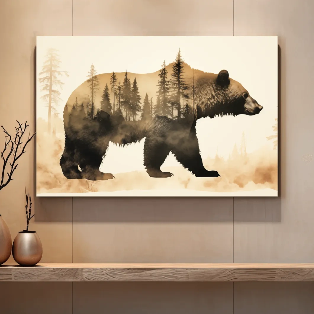 Double exposure vintage style artwork, a grizzly bear and a forest