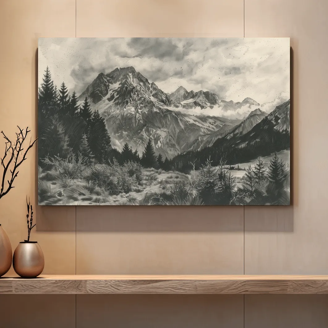 Lead pencil drawing, alpine meadows glacier artwork