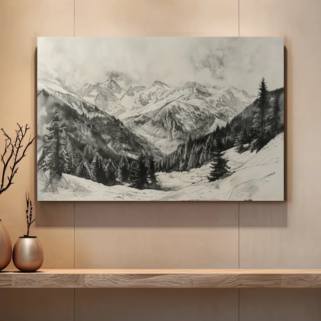 Lead pencil drawing, alpine forest and glacier mountain artwork