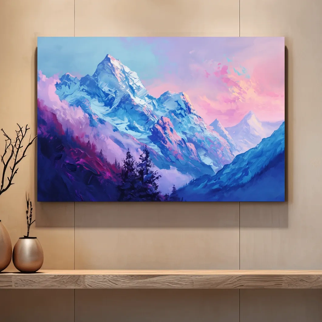 Impressionism style painting of a pink alpine sunset over a glacier
