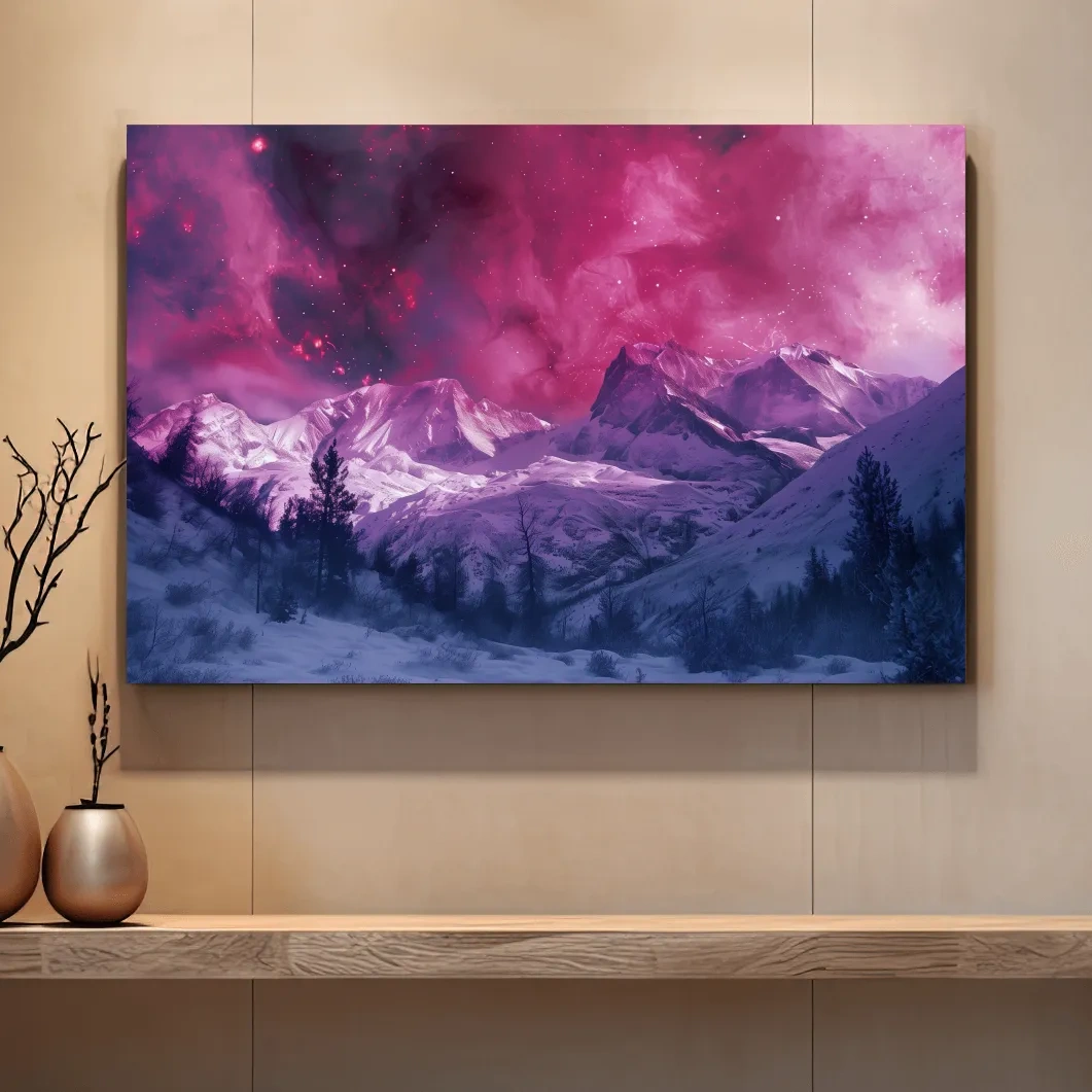 Beautiful pink and purple nebula galaxy sky over snowy glacier mountains, surreal fantasy art style
