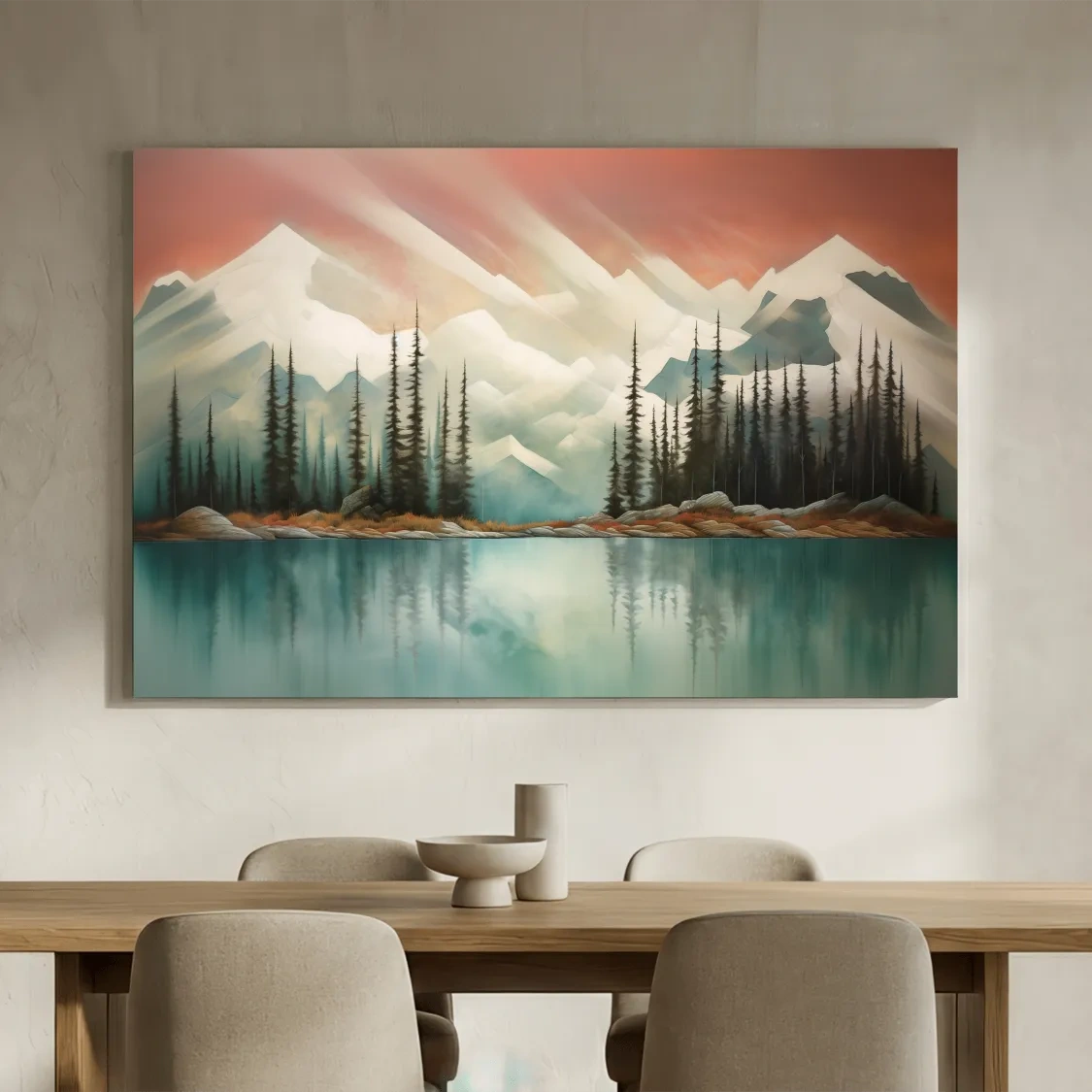 Abstract Alpine Lake Landscape Painting - Serene Pine Forest Mountain Wall Art