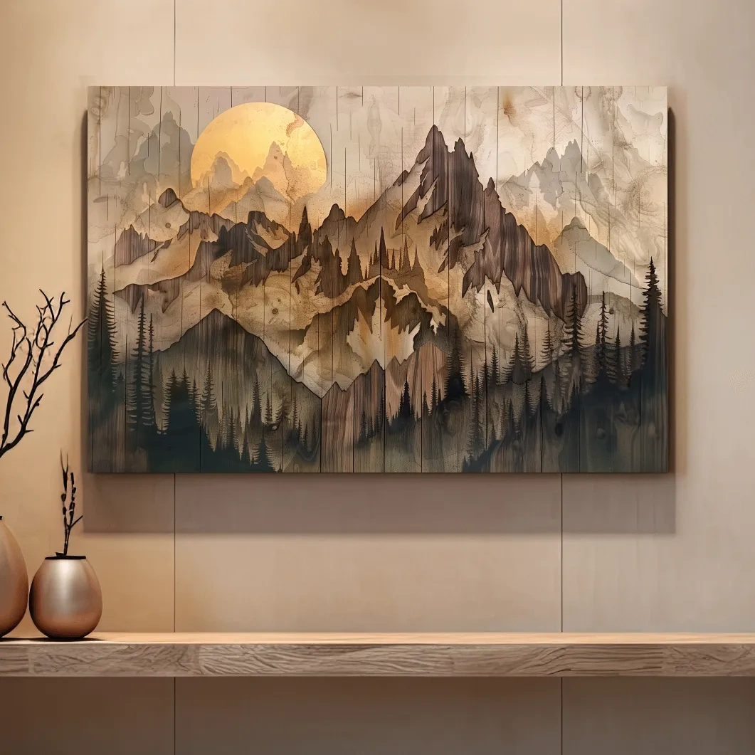 Rustic wood panel effect alpine mountain forest wall art, wood burning effect cabin artwork