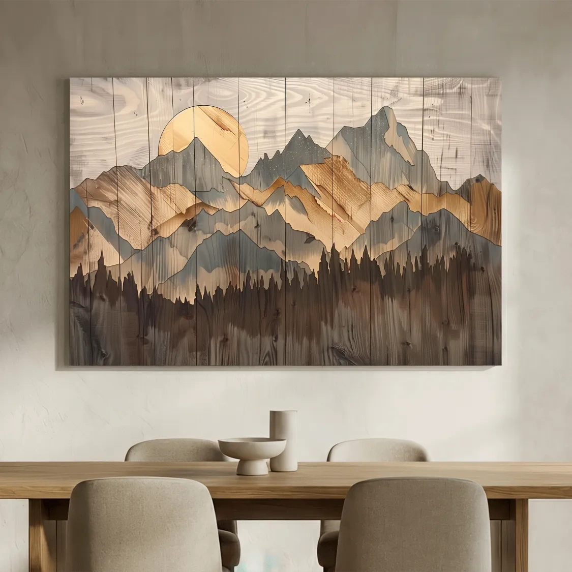 Rustic Mountain Range Sunrise - Woodgrain Style Forest Wall Art