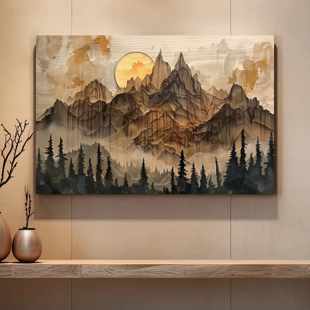 Rustic Mountain Sunset Landscape - Woodcut Style Alpine Wall Art