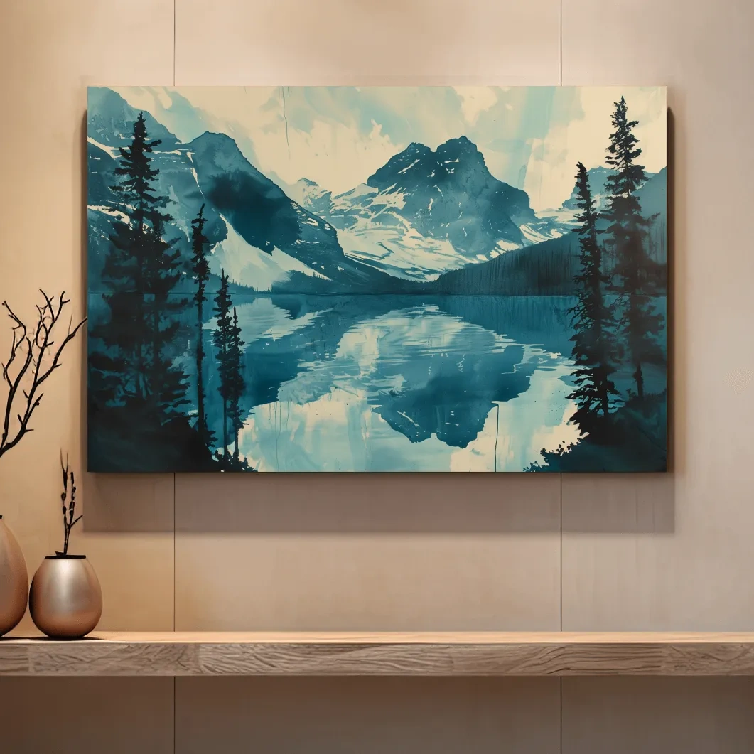 Serene Rocky Mountains lake, watercolour postcard style painting