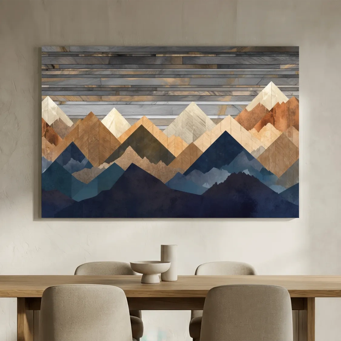 Geometric Layered Mountain Peaks - Rustic Wood Texture Abstract Wall Art