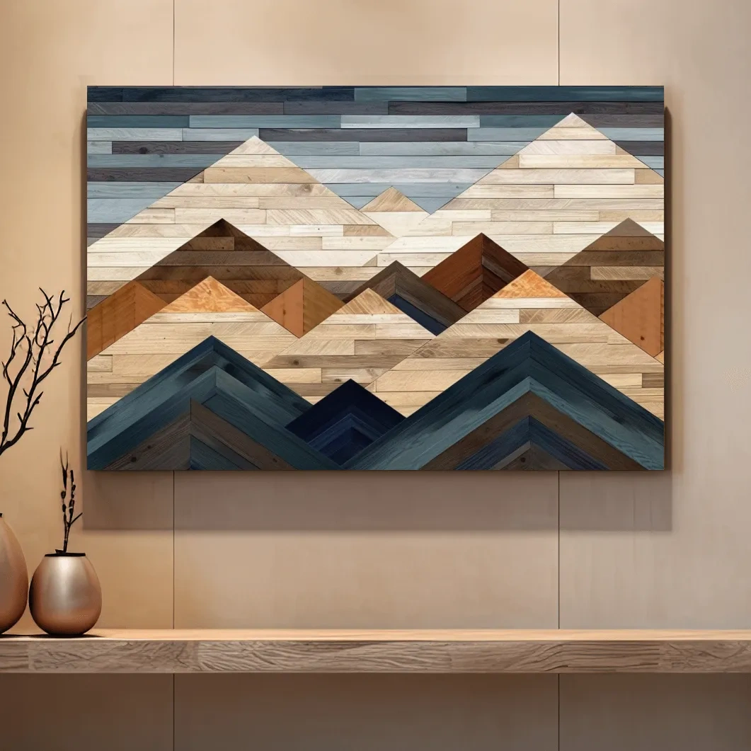 Geometric Reclaimed Wood Mountain Peaks - Modern Rustic Landscape Artwork