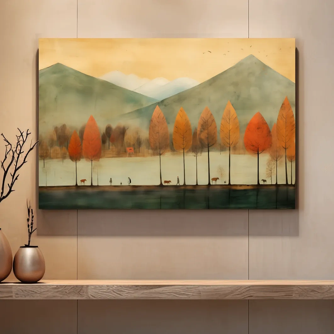 Textured painting of characters on a treelined lake in fall