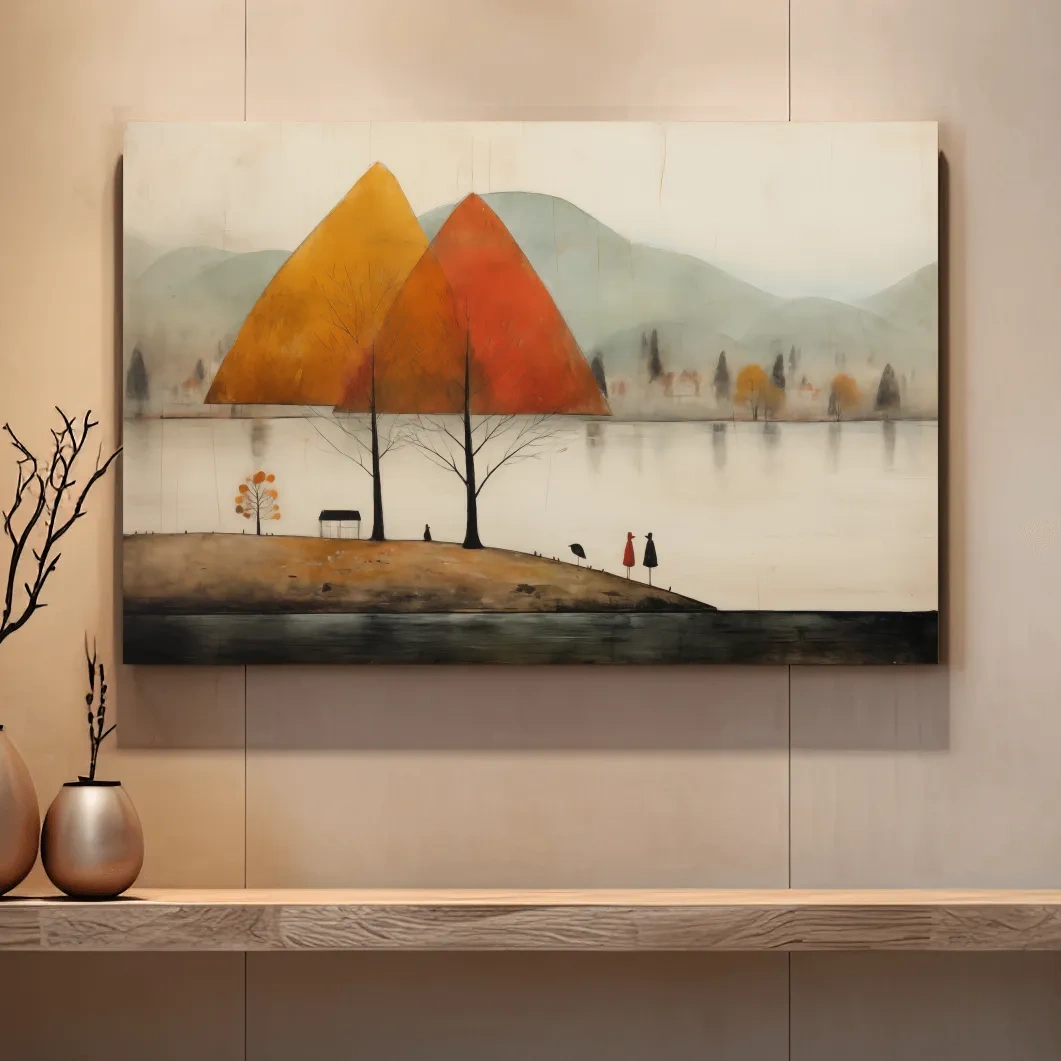 Quirky painting of a lakeside mountain scene in fall
