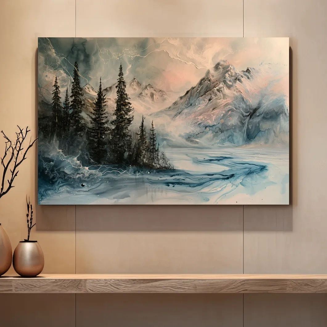 Abstract mountain painting artwork, treelined lake beneath a glacier