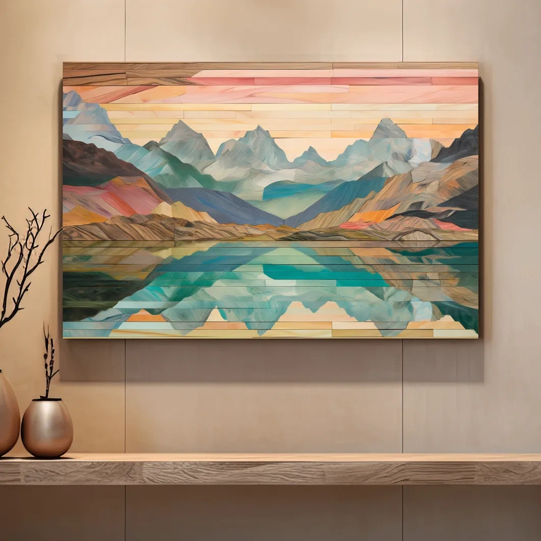 Wooden panel style alpine lake and mountain artwork