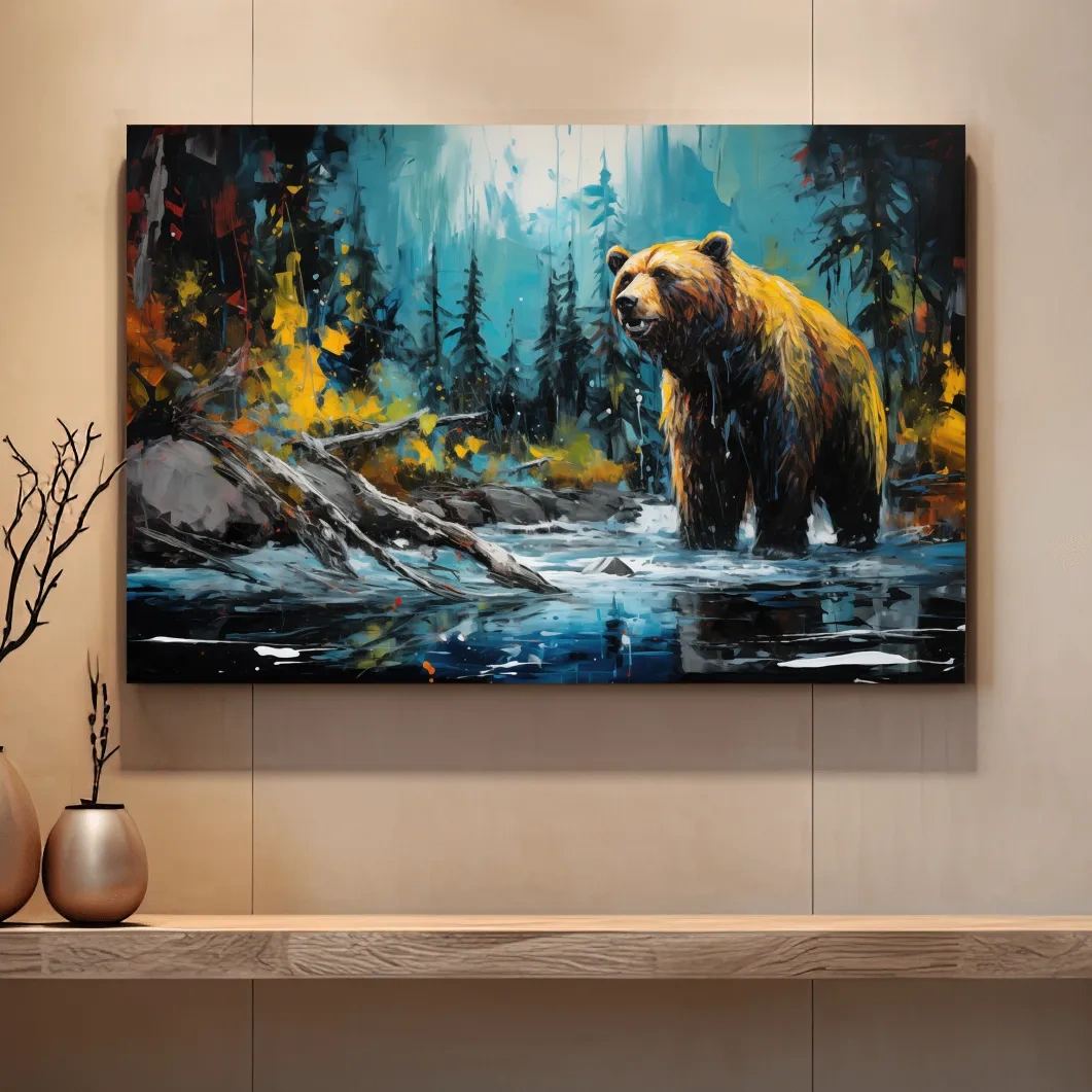 Colourful painting of a grizzly bear in the river