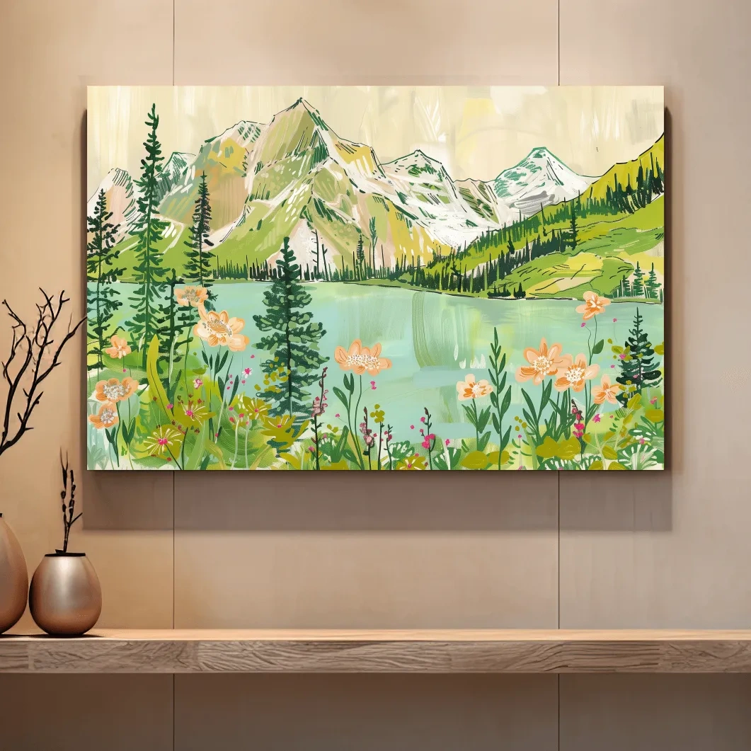 Whimsical Alpine Lake Wildflower Stylized Painting - Mountain Meadows Wall Art