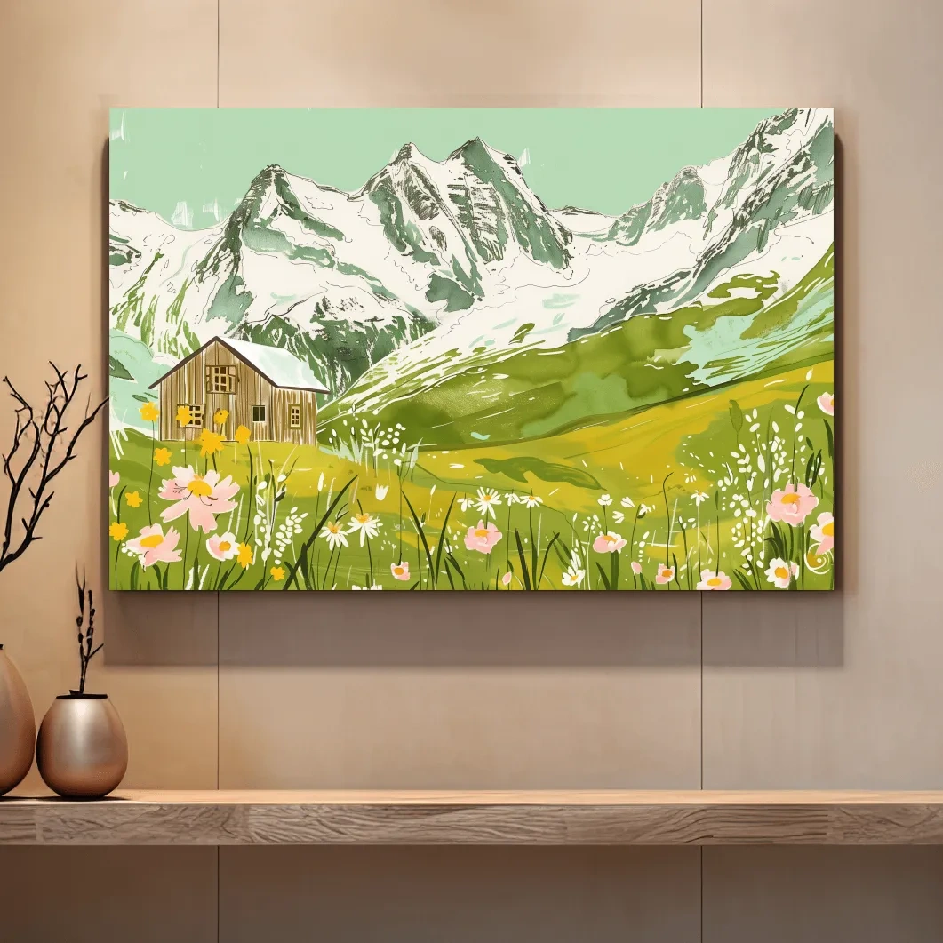 Alpine cabin artwork, flowers and glacier, stylized sketch painting style