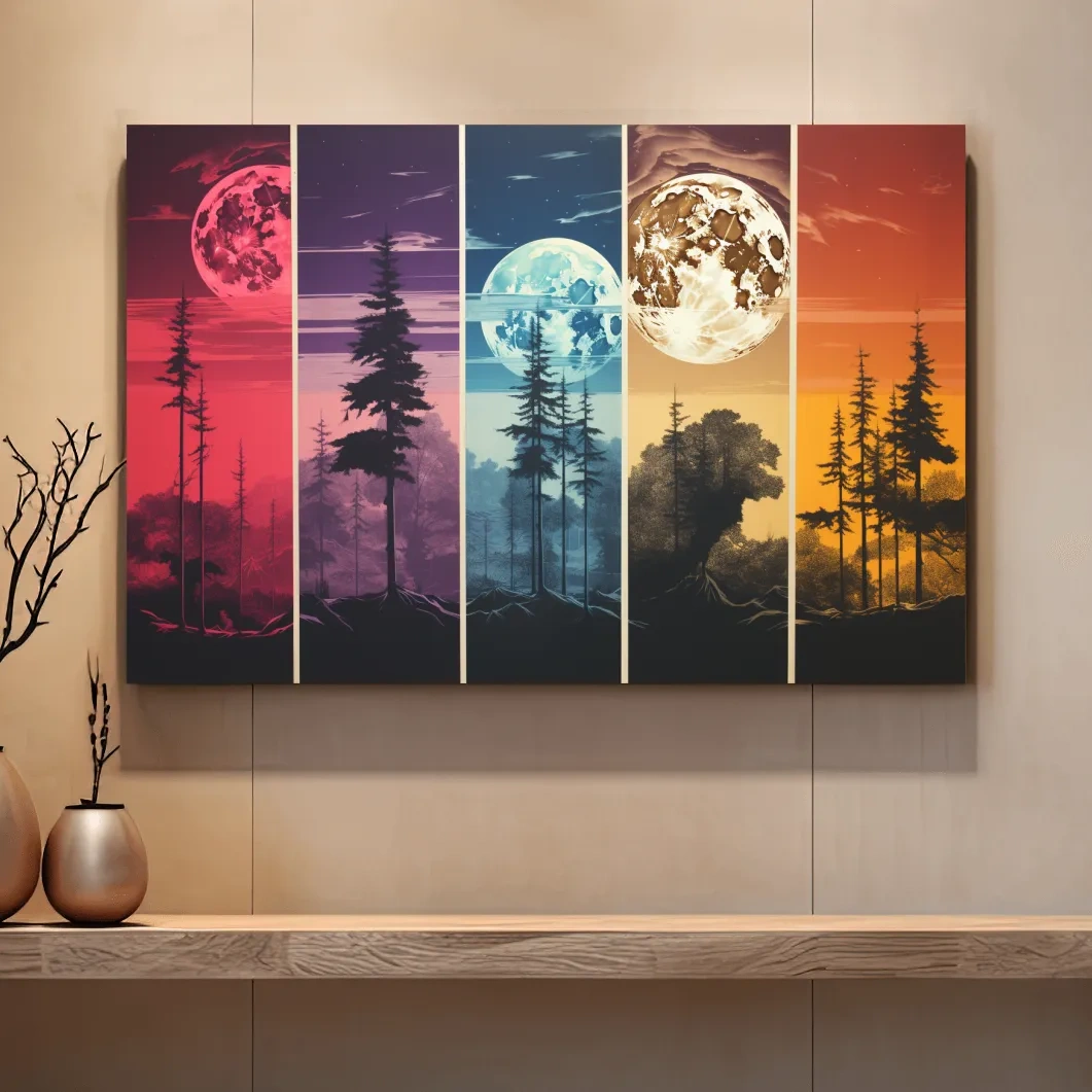 Multipanel colorful treeline under the moonlit sky, risograph style artwork