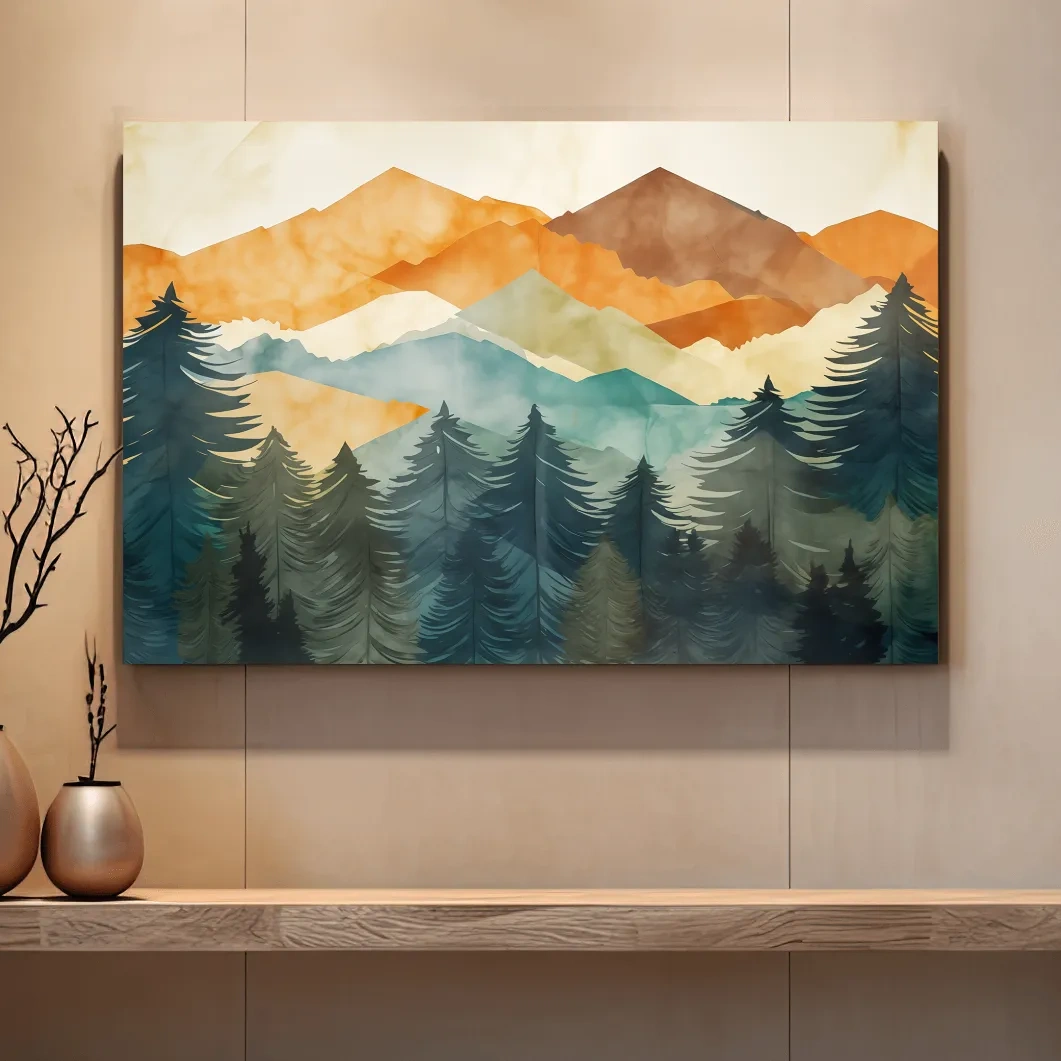 Abstract watercolor painting, mountains and forest