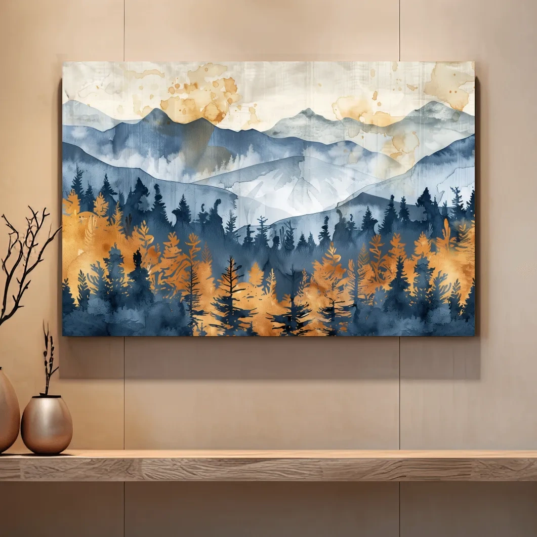 Abstract textured mountain and forest watercolour painting artwork, large format