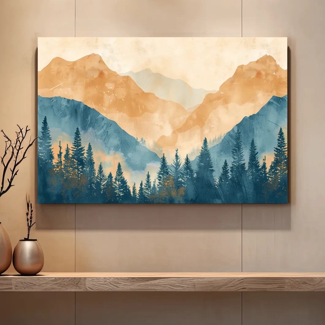 Watercolour painting, foggy treeline in the mountains, textured art style