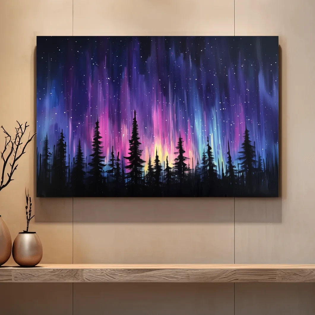 Painting of silhouetted trees against purple and pink northern lights sky