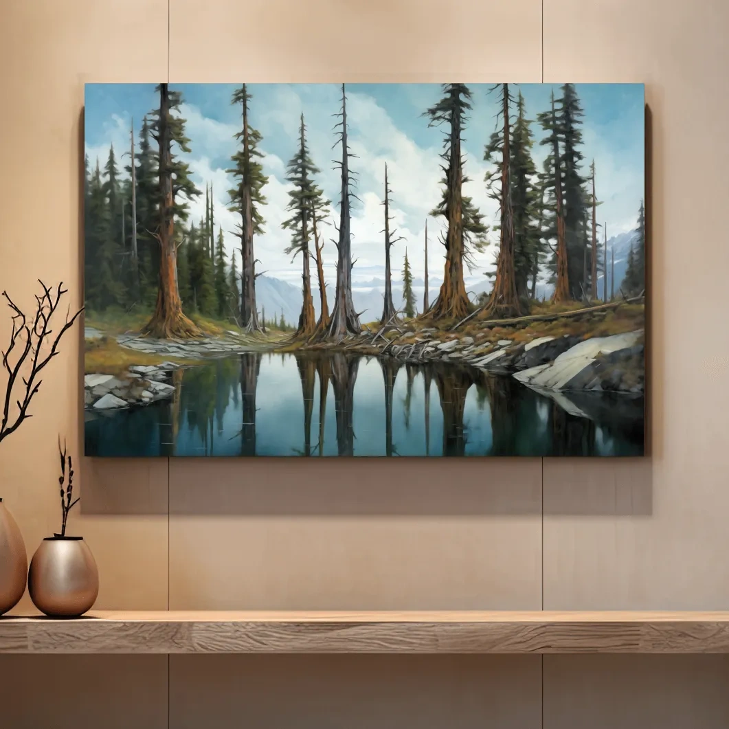 Painting of a line of trees beside a lake and mountains, forest artwork