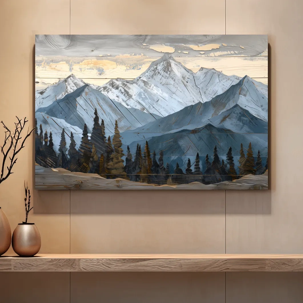 Rustic wood mountain and forest art