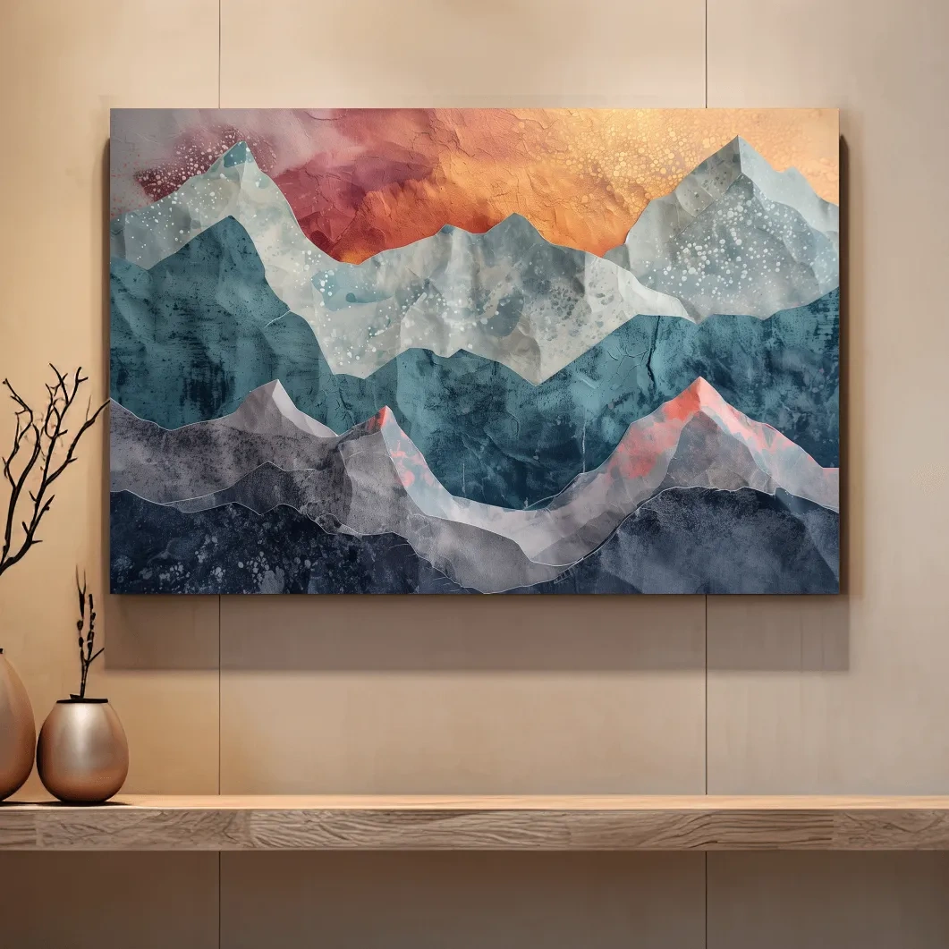 Abstract sunset mountain artwork, 3d textured paper effect