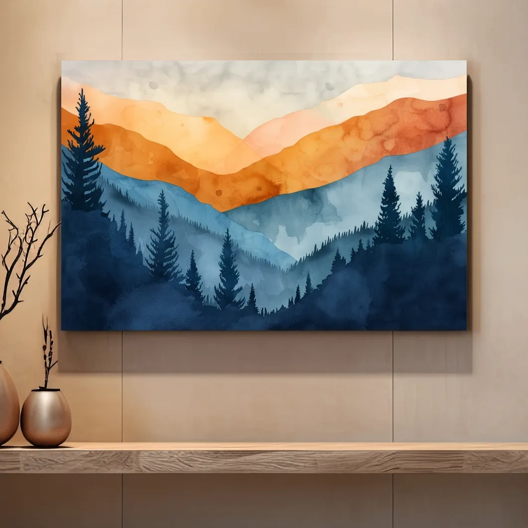 Moody Watercolor Mountain Range Silhouette - Pine Forest Painting Wall Art