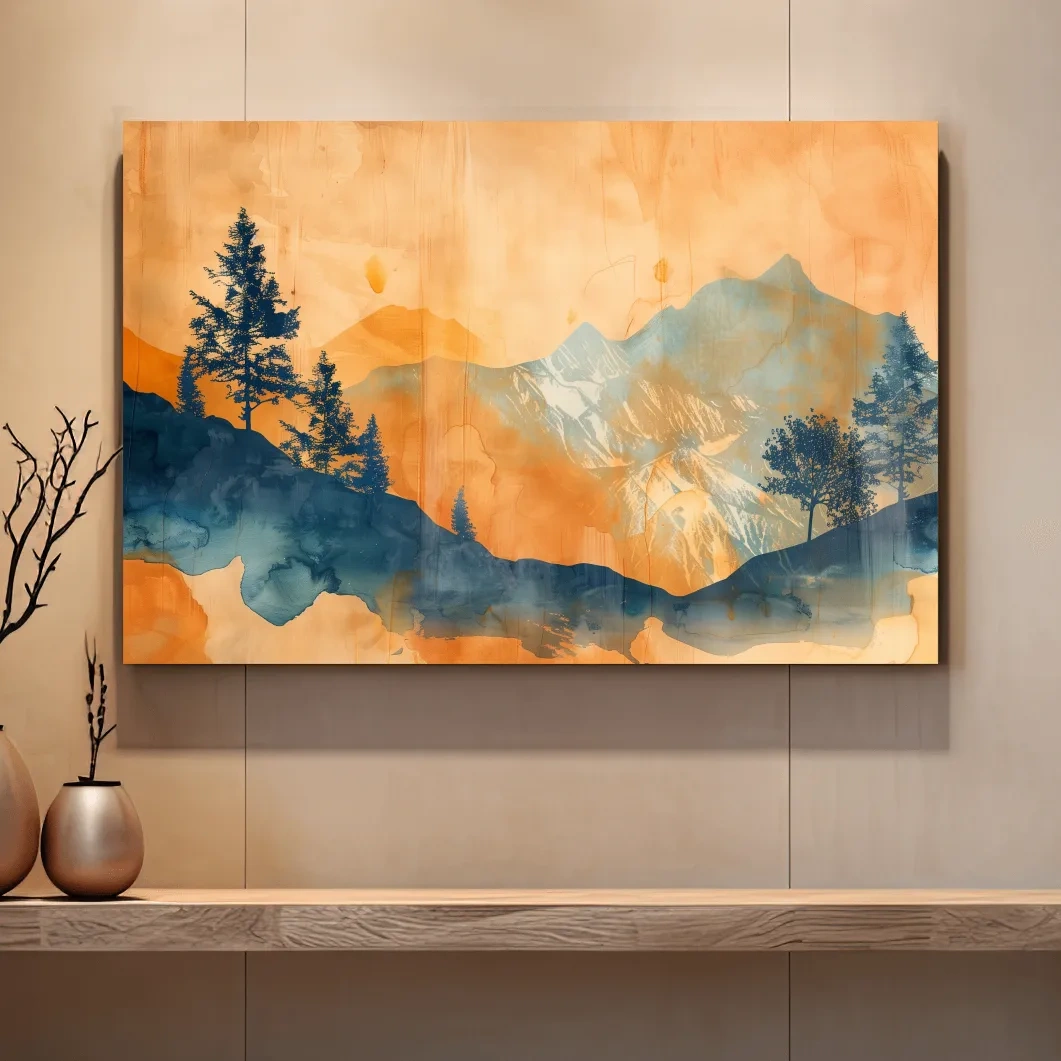 Abstract watercolor painting wall art, trees, mountains and glacier