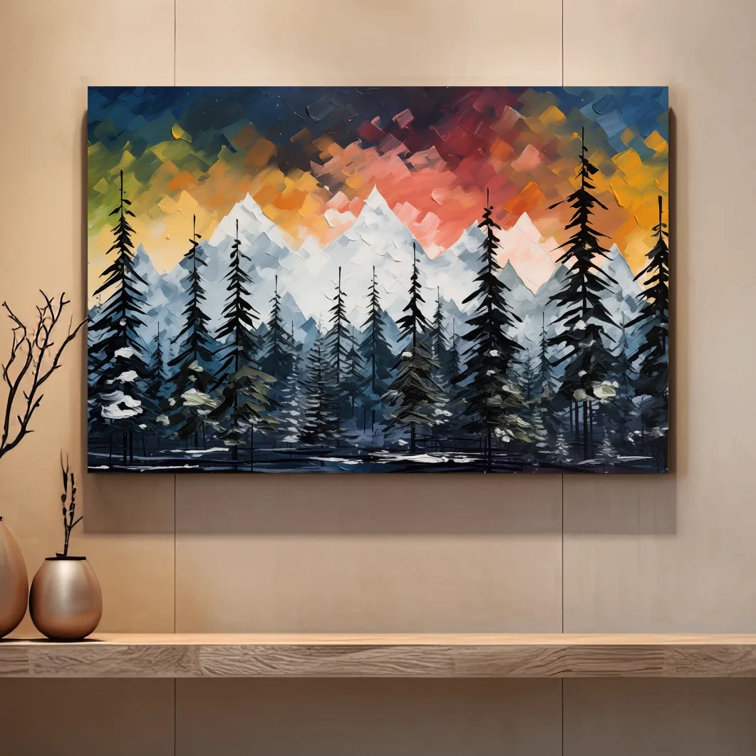 Bold textured palette knife effect impasto sunset mountain painting, treeline in the alpine