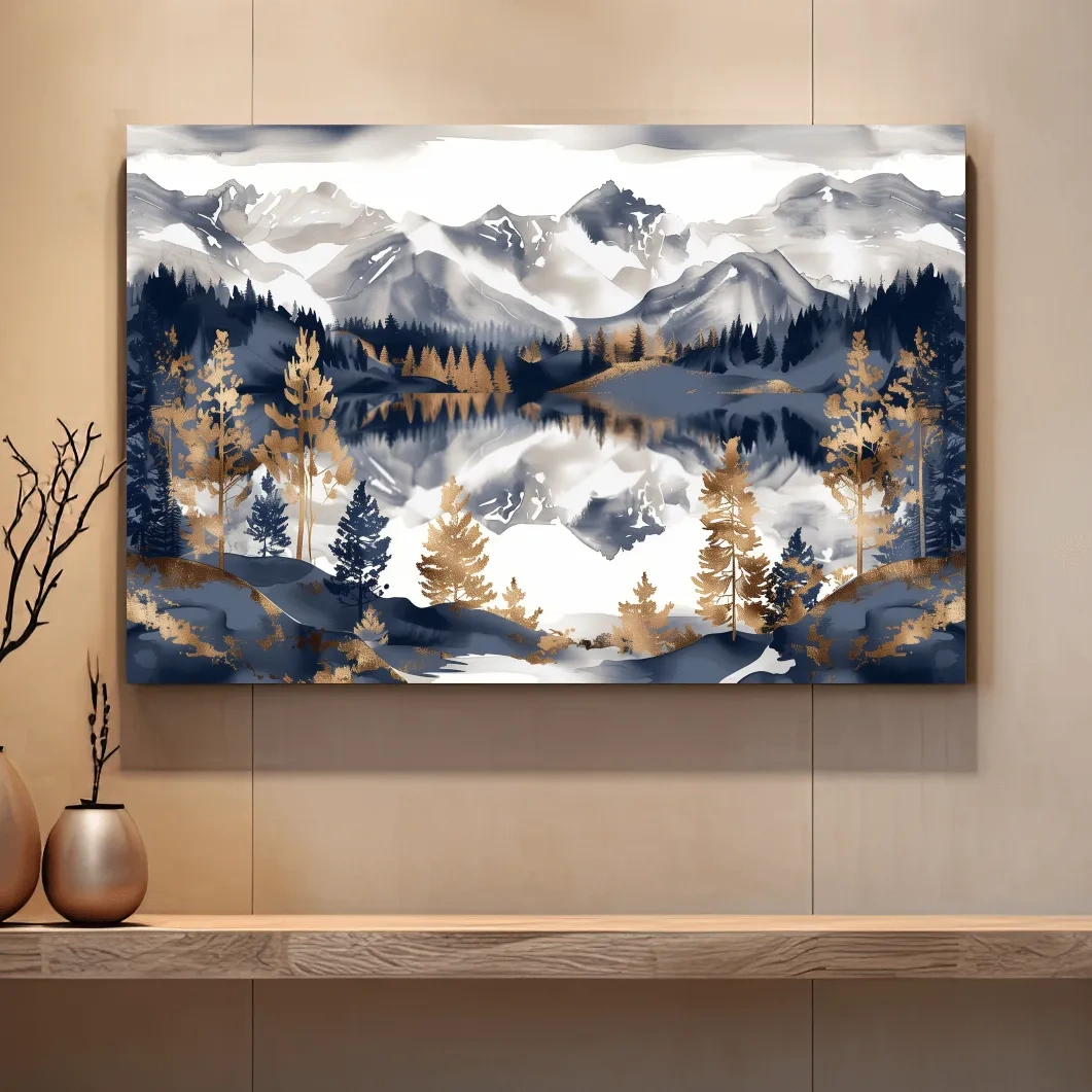 Gold leaf style alpine lake and mountain wall art painting