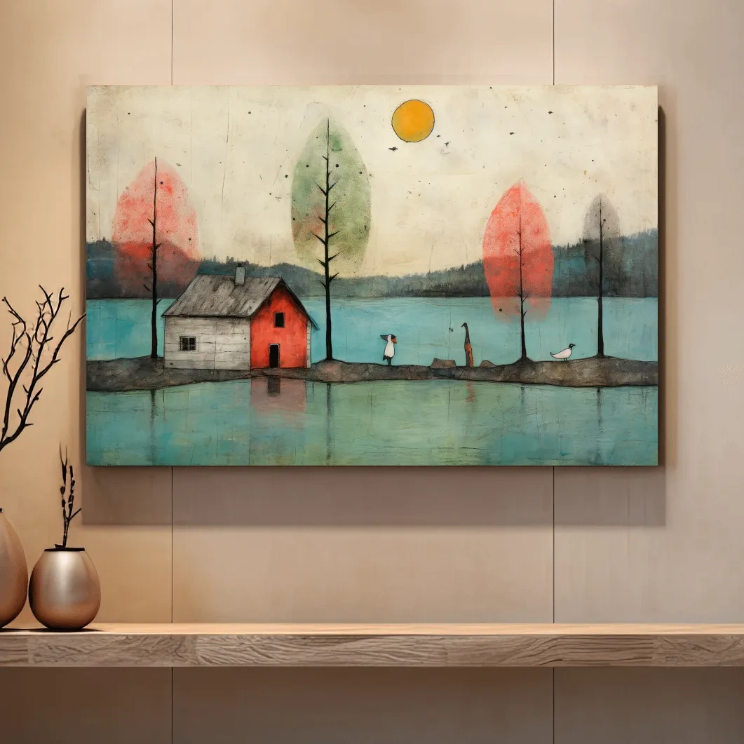 Painting of a quirky cabin on the lake, textured effect