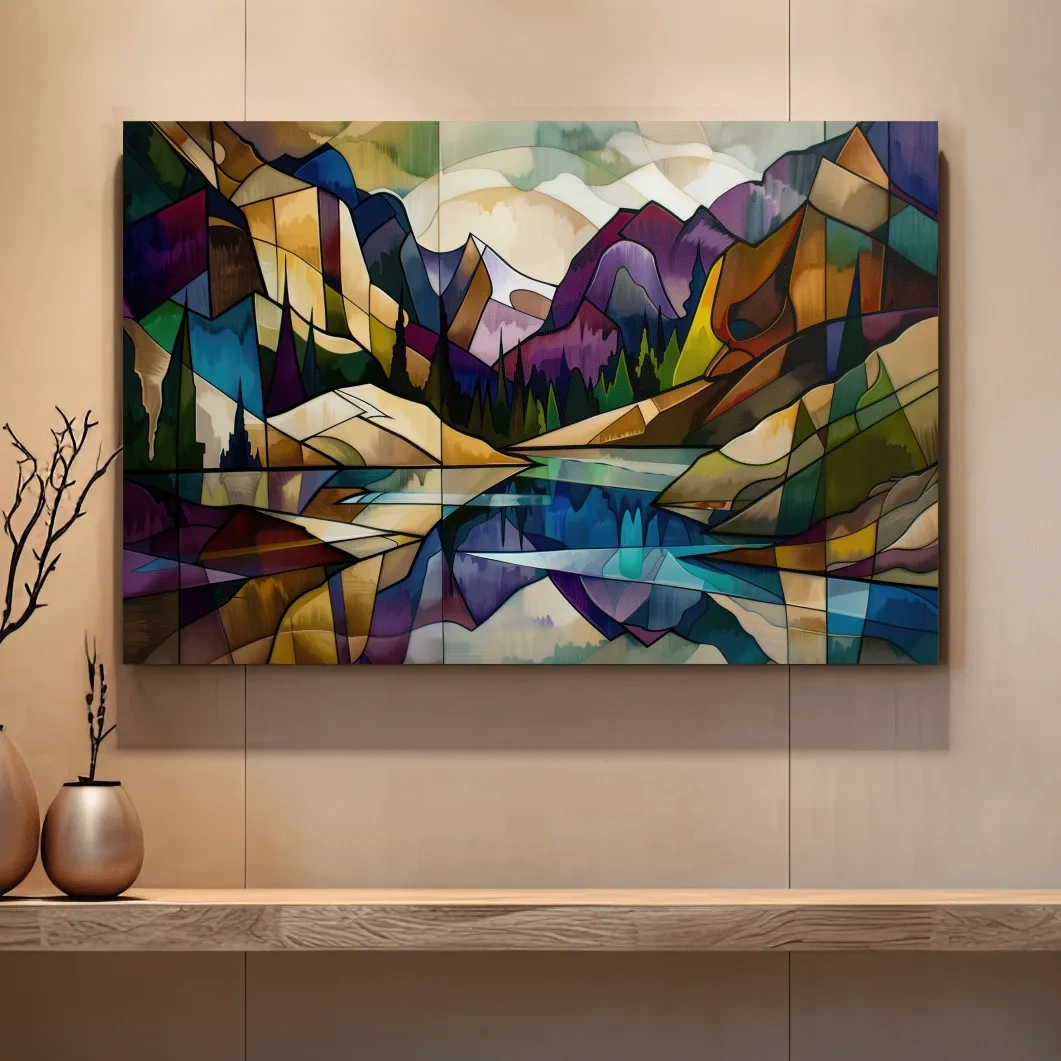 Alpine lake mountain art, colorful abstract leadlight style painting
