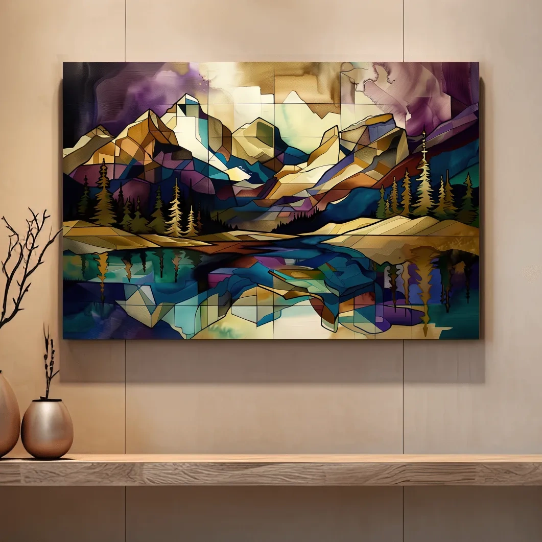 Treelined alpine lake and mountain scene, mixed media style colorful abstract painting