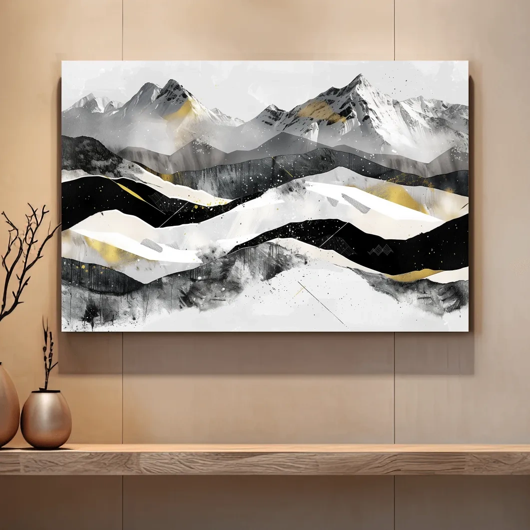 Snow capped mountains, modern black and white abstract artwork