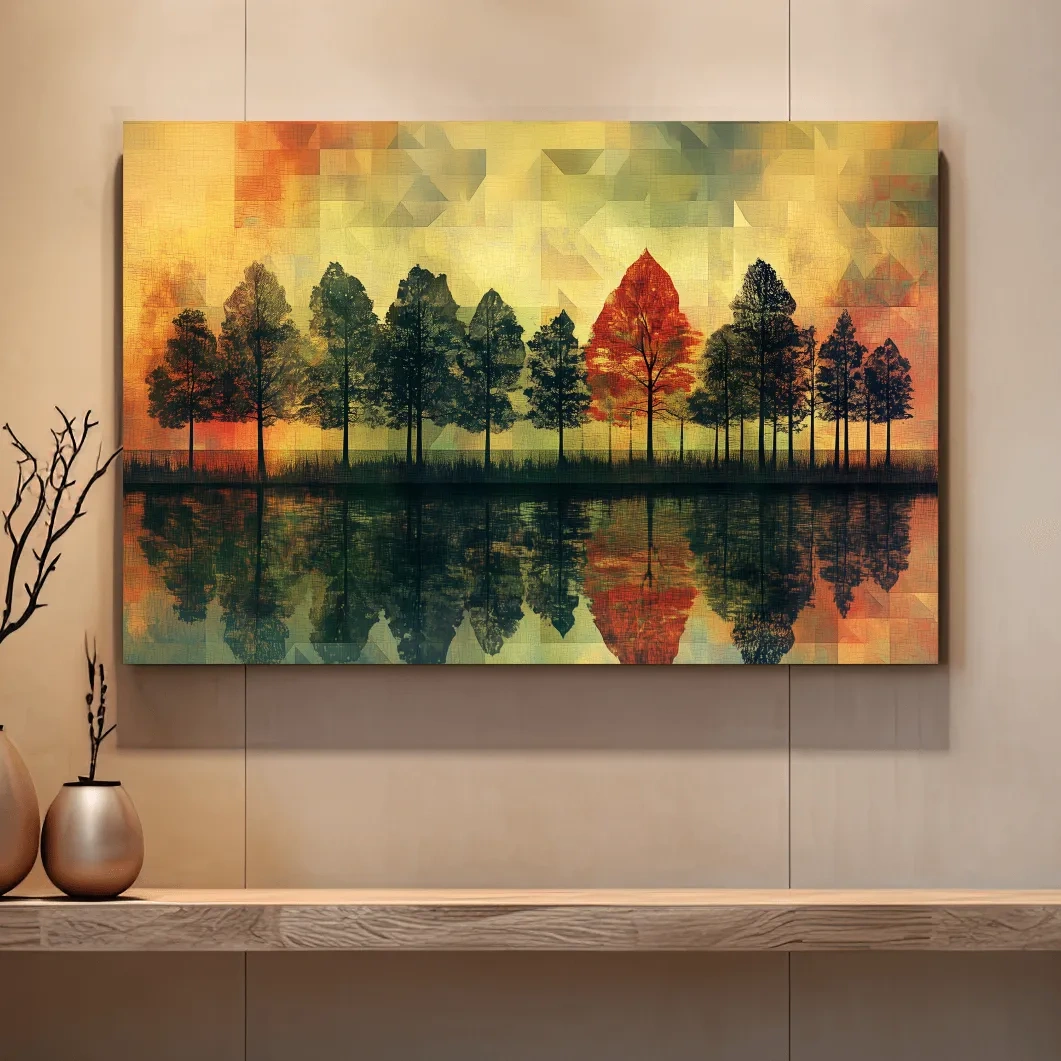 Abstract Geometric Autumn Forest Reflection - Modern Mosaic Landscape Artwork