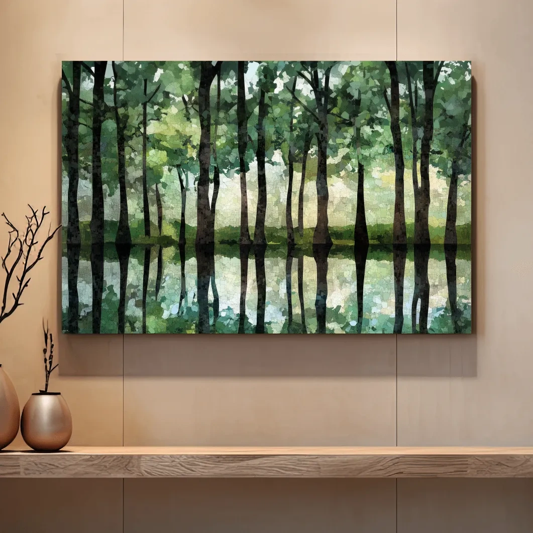 Mosaic Watercolor Forest Lake Reflection - Serene Nature Landscape Wall Art