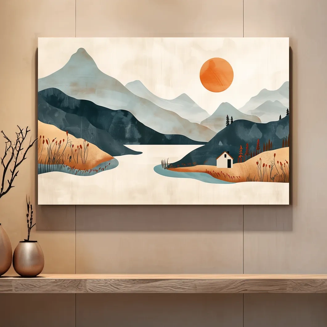 Storybook lakehouse landscape scene, mountain sunset minimalist style illustration artwork