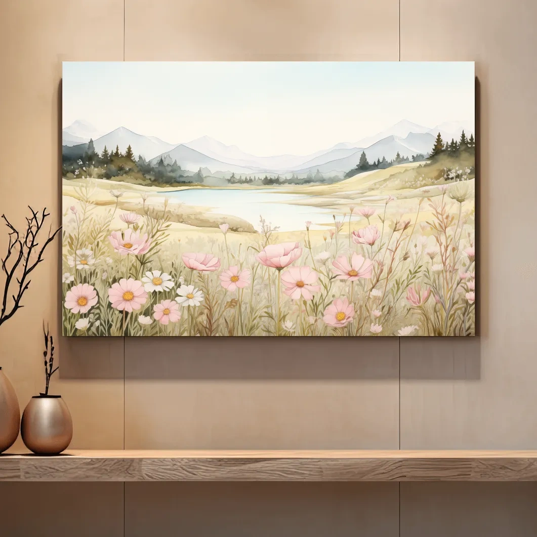 Soft Watercolor Wildflower Meadow Landscape - Serene Pastel Alpine Wall Art