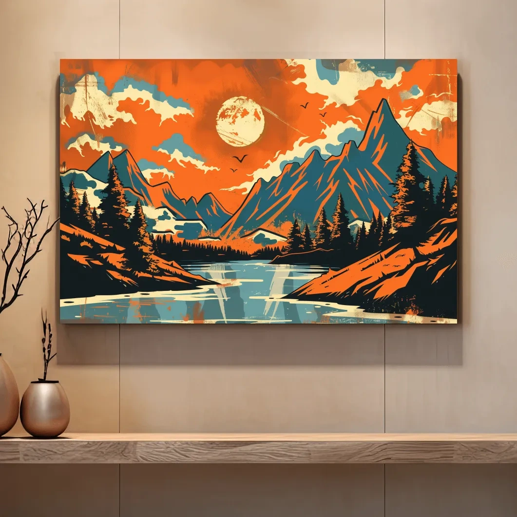 Vibrant Retro Mountain Lake Sunset Illustration - Bold Vector Landscape Wall Art