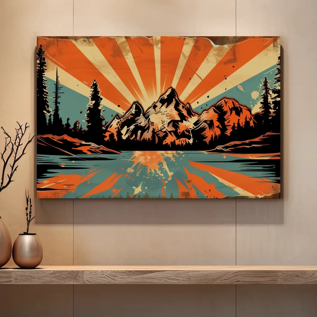 Retro comic book style halftone mountain wall art, sunrise rays from behind a glacier and alpine lake,