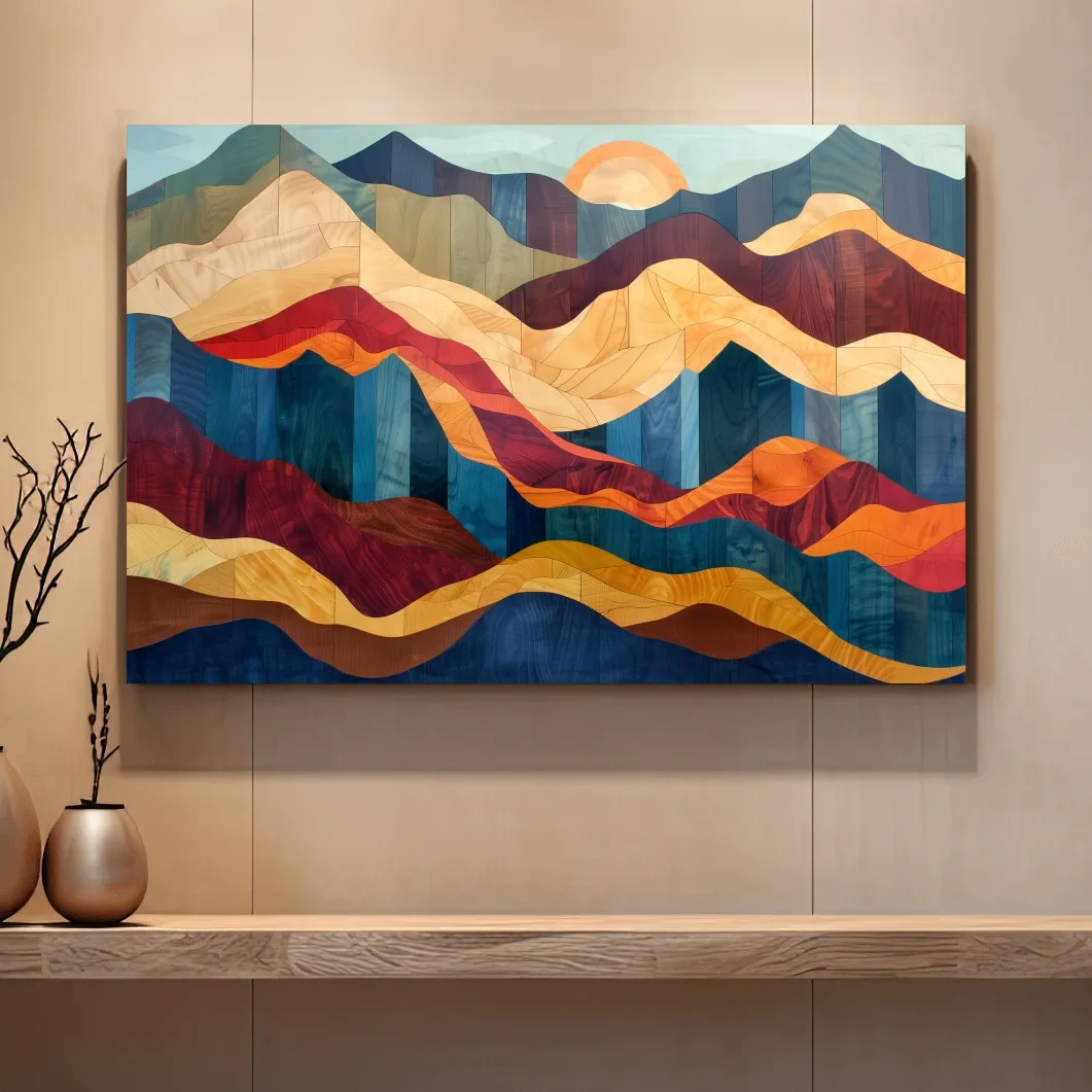 Wood intarsia style wall art, colorful mountain patterns with wood grain effect