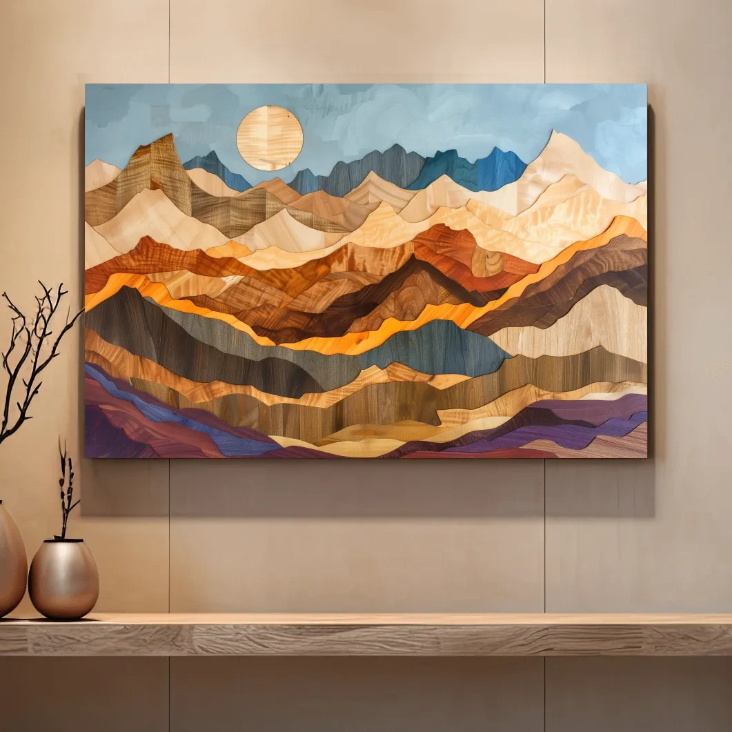 Colorful mountain patterns, 3d layered effect wood intarsia style canvas art